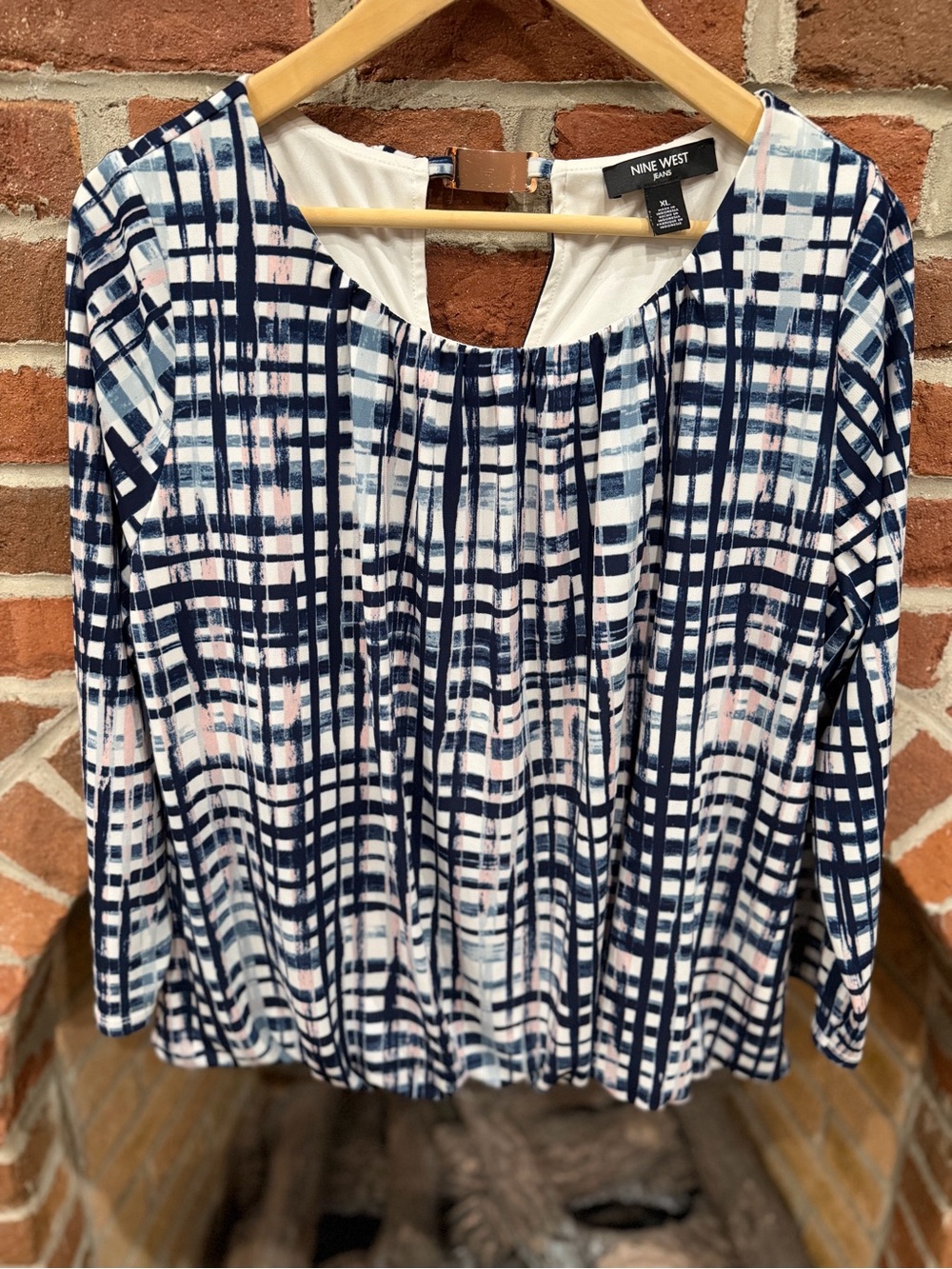 Nine West Navy, White & Pink Plaid Long Sleeve Scoop Top